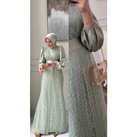 Maxi Malika Brukat Dress Fashion Muslim Kualitas Premium Gamis Remaja Kekinian - sage, M-LD 90cm