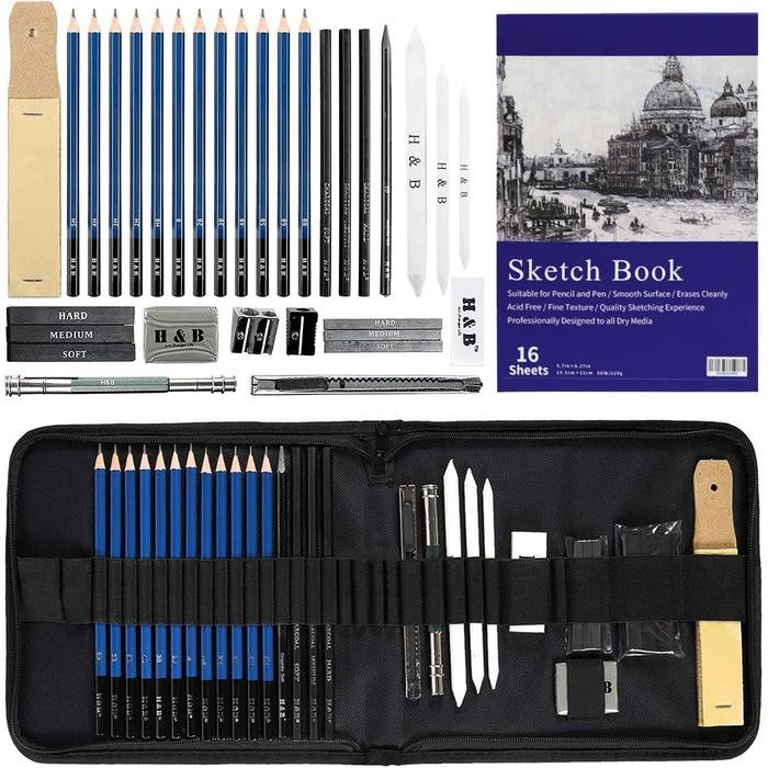 

Set kuas lukis, 33 buah Set peralatan lengkap dapat dilipat untuk sketsa dan melukis kerajinan tangan, perlengkapan belajar melukis