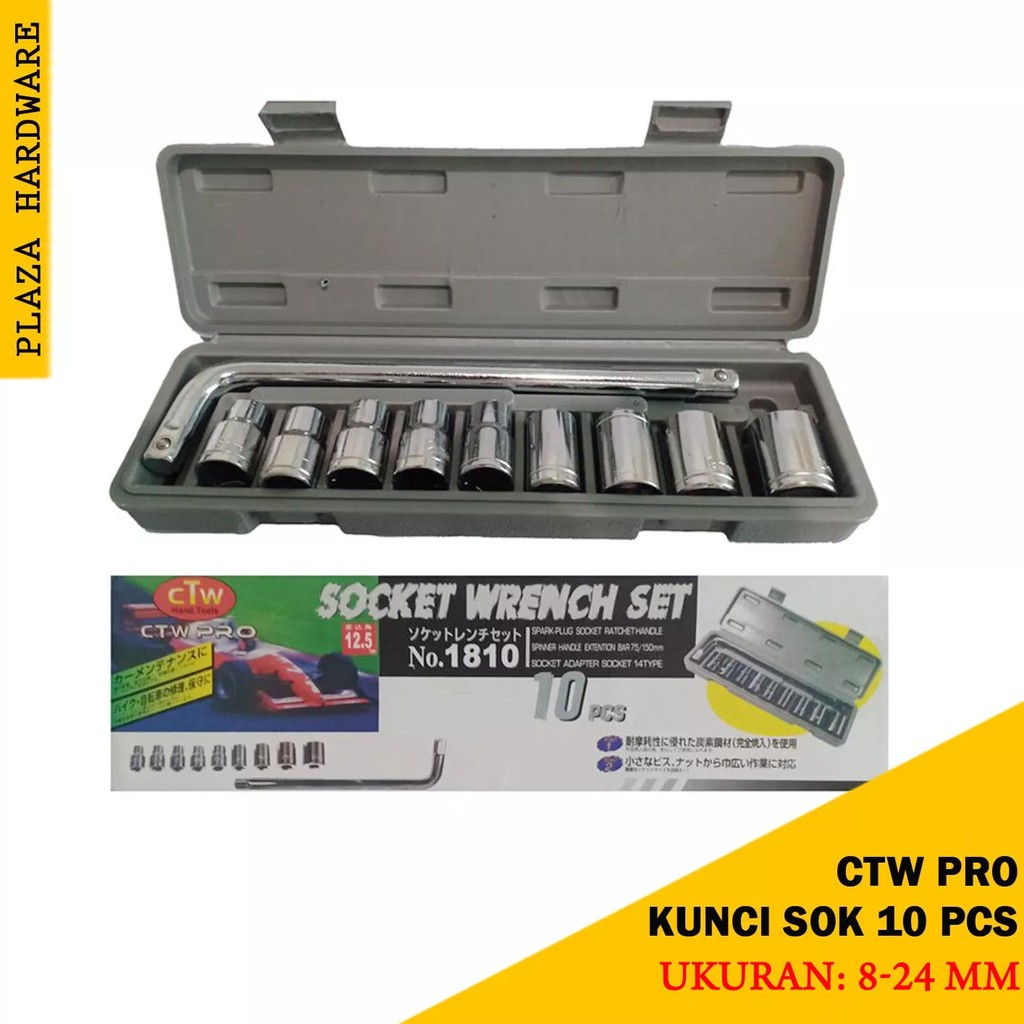 Kunci Sok Set Lengkap 8-24 mm 10 pcs CTW Pro Sock Socket Toolset Tools Kit Socket Wrench Ukuran Gaga
