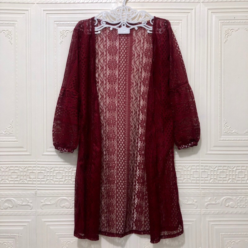 DISKON OUTERWEAR LONG CARDIGAN BRUKAT / OUTER BRUKAT PANJANG LENGAN BALON BAJU KONDANGAN WANITA