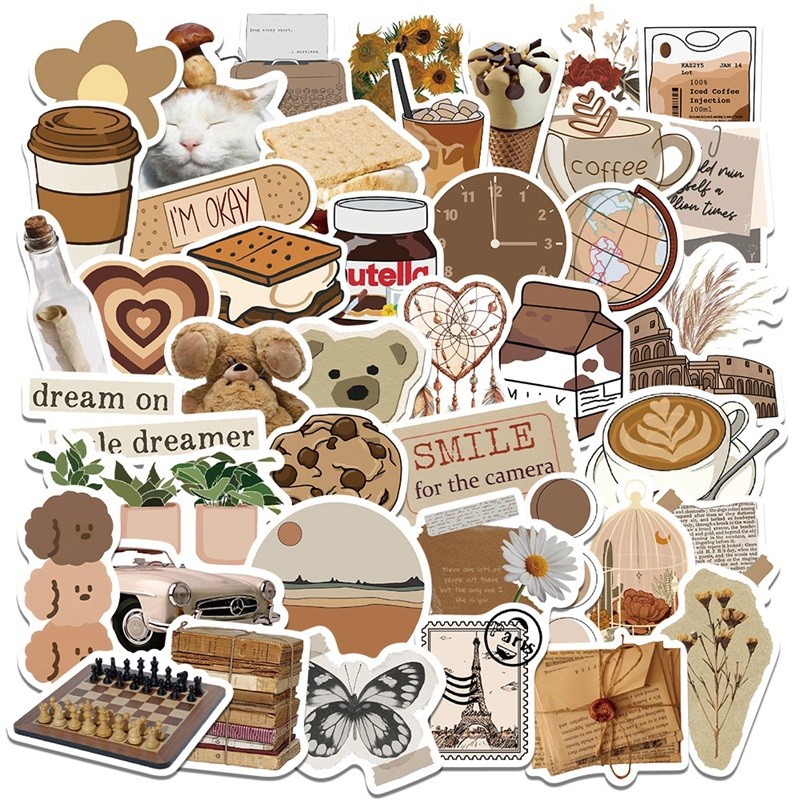 

10/30/60PCS Vintage Brown Sticker Aesthetic PVC Laptop Sketchbook Children's Stationery Decoraction Scrapbooking School Supplies
