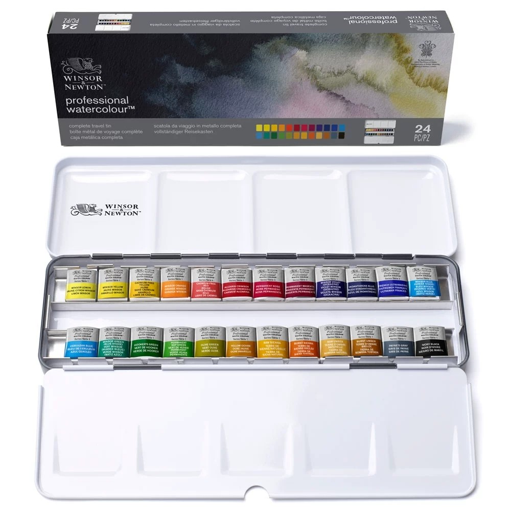 

Winsor&Newton Artist Professional Watercolor Lightweight Metal Box 24 Half Pans Color Field Pocket Set Watercolor Palette Brush