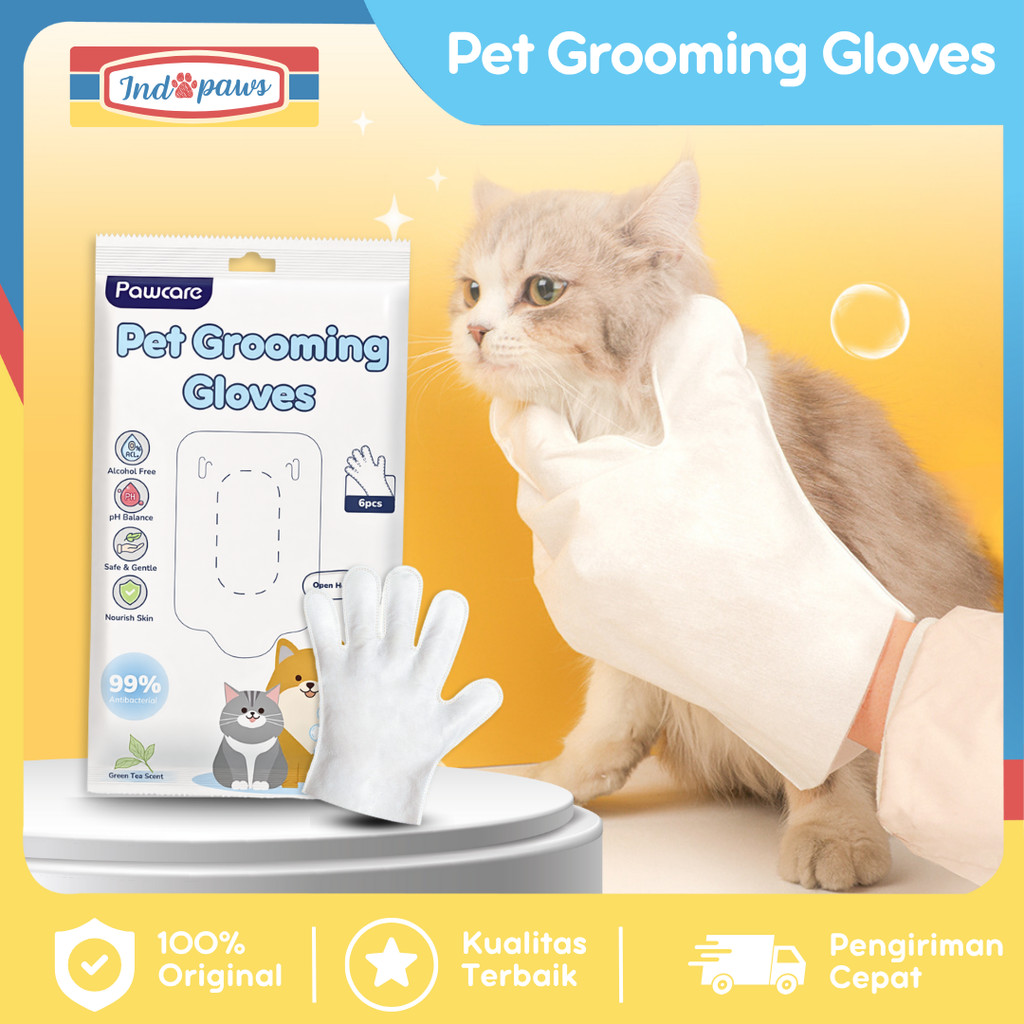 Indopawss Pet Care Grooming Gloves Tea Tree Extract isi 6 pcs Sarung Tangan Mandi Kucing Tanpa Bilas