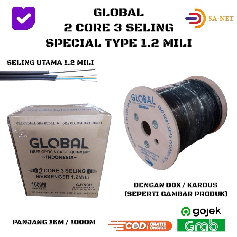 GLOBAL 2 CORE 3 SELING 1KM / 1000M SPECIAL TYPE 1.2 MILI - DROPCORE KABEL FO FIBER OPTIC 1000 METER 