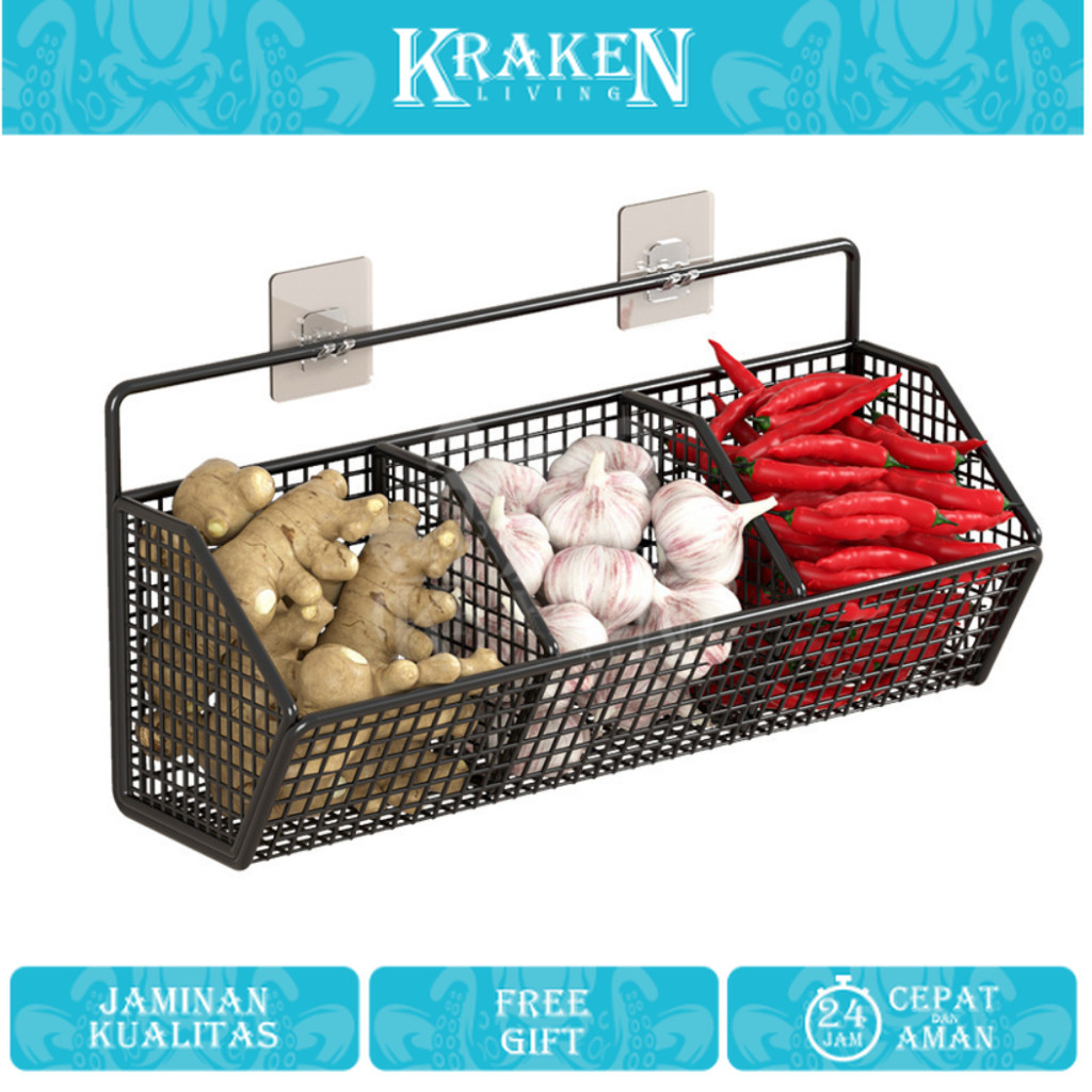 Keranjang Gantung Penyimpanan Bumbu / Rak Gantung Kosmetik 3 Sekat / Rak Besi Organizer Dapur Gantun