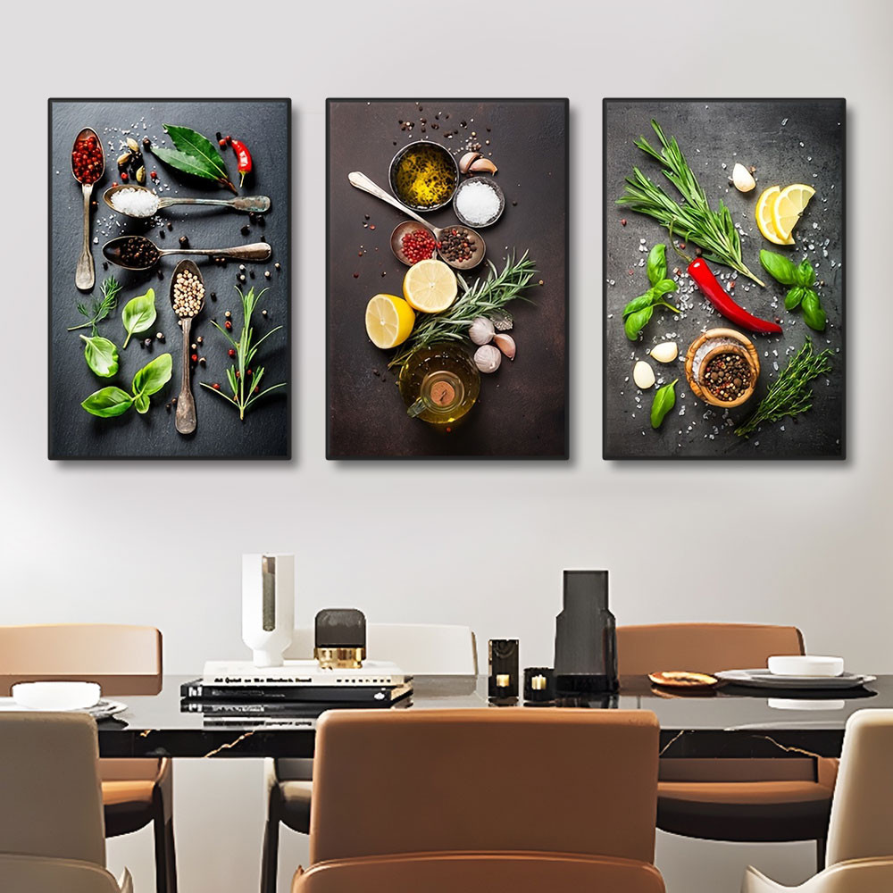 

3pcs Kitchen Theme Mix Herb And Spices Canvas Art Poster Impressionist Art Decor Painting For Dinning Room Wall Art Decoration