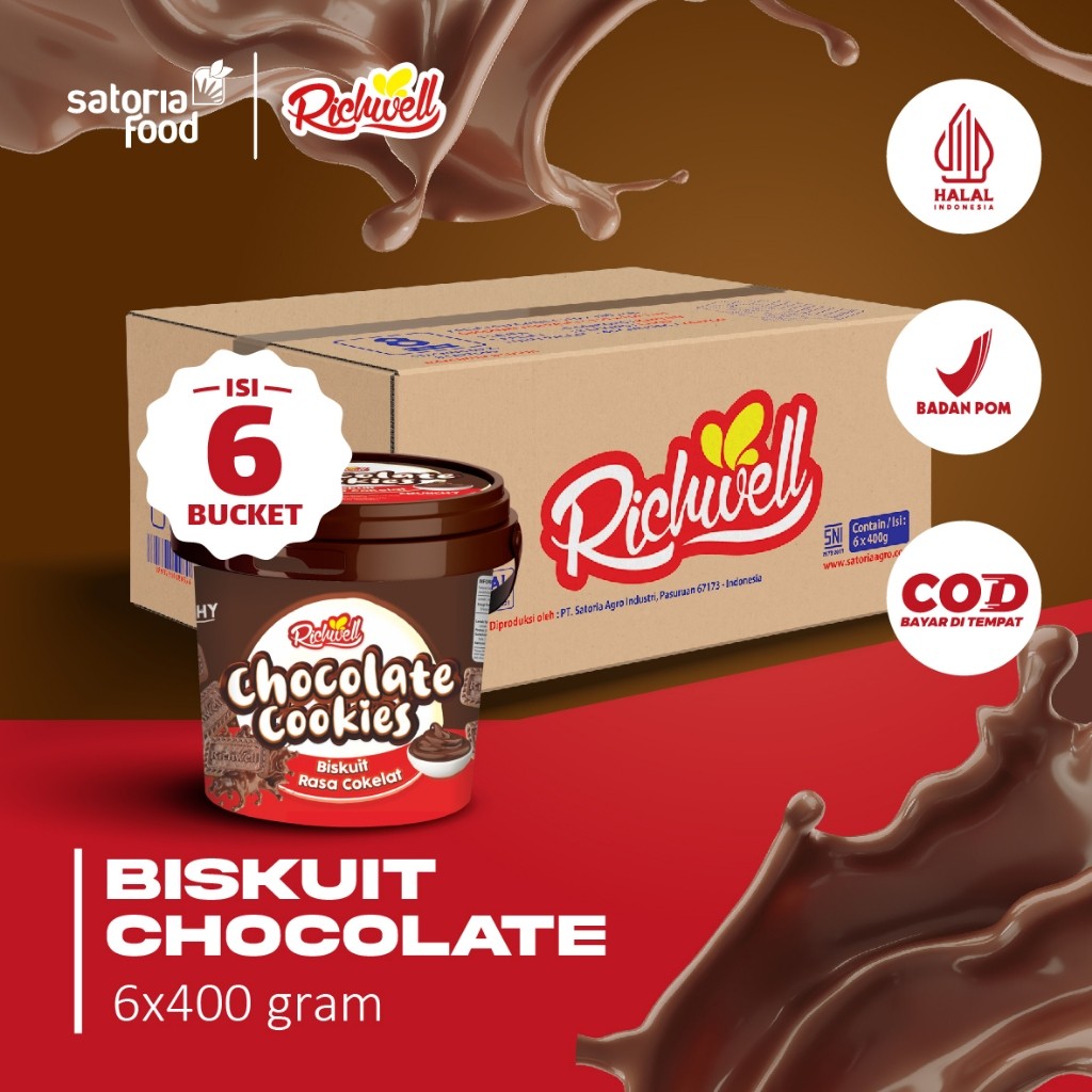 

Richwell Cookies Chocolate 400g x 6Pcs| [ 1 Dus ] Cemilan Snack Biskuit Kukis Rasa Coklat isi 6 Ember