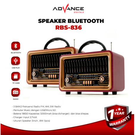 Advance speaker bluetooth RBS-836 Model Radio Tua Clasic Dengan Led tuning radio bluetooth speaker |