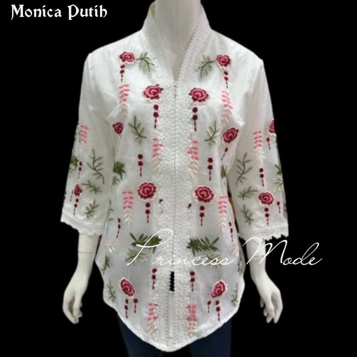 Promo kebaya encim senada katun full bordir kombinasi brokat import - Monica Putih, XXL