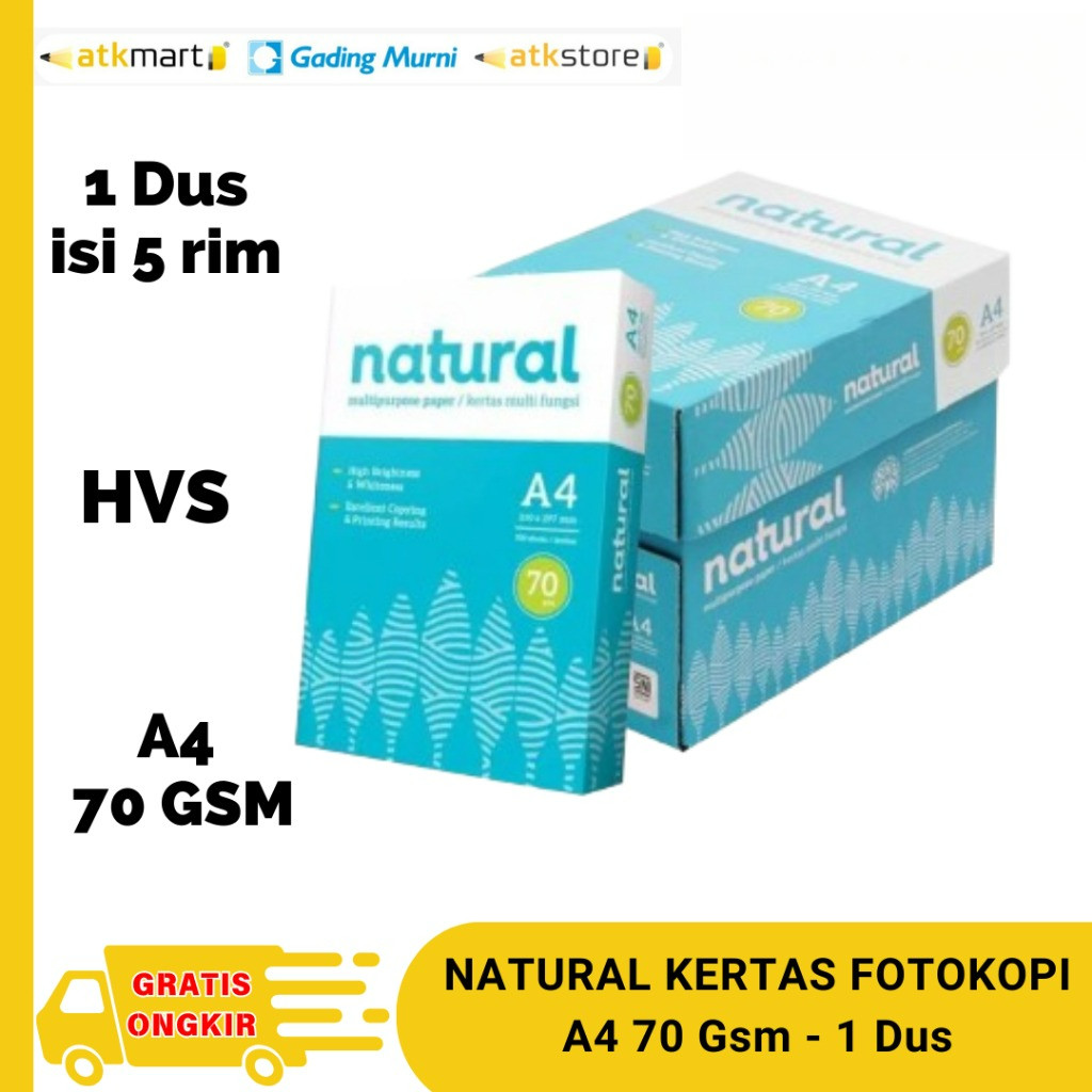 

Natural HVS A4 70 GSM Kertas Print Fotocopy ISI 5 RIM - 1 Dus