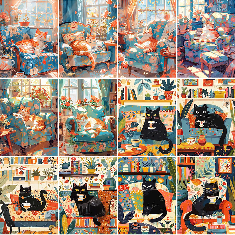 

Painting By Numbers The Lazy Cat Anniversary gift on Digital Painting Canvas Acrylic Paint Image Digital Coloring
