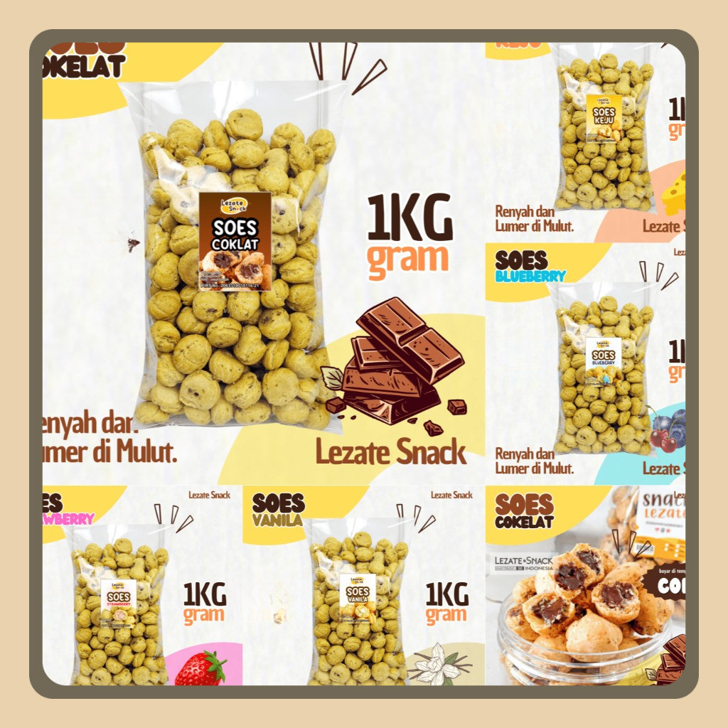 

Soes Coklat Kiloan 1KG Aneka Isian Rasa Keju Strawberry Blueberry Vanila / Sus Cokelat Sus Kering Isi Keju Lumer LEZATE SNACK