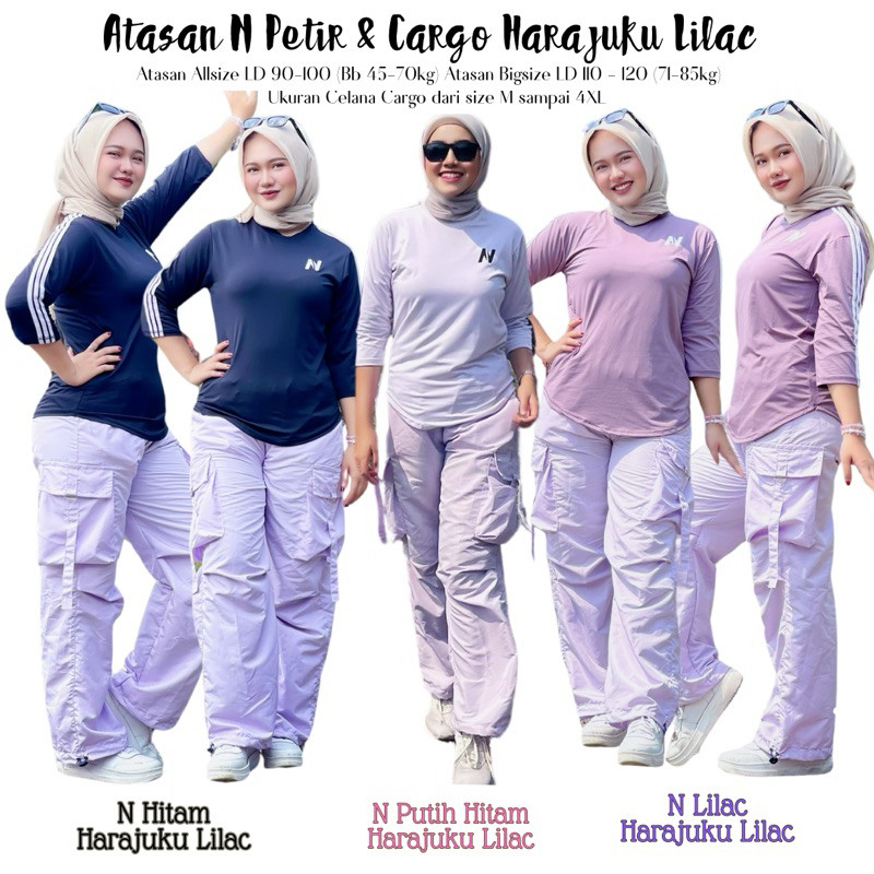 AZHAR.ID 1Set Atasan N Petir & Harajuku Lilac Atasan Baju Bahan Spandek celana cargo Bahan Parasut U