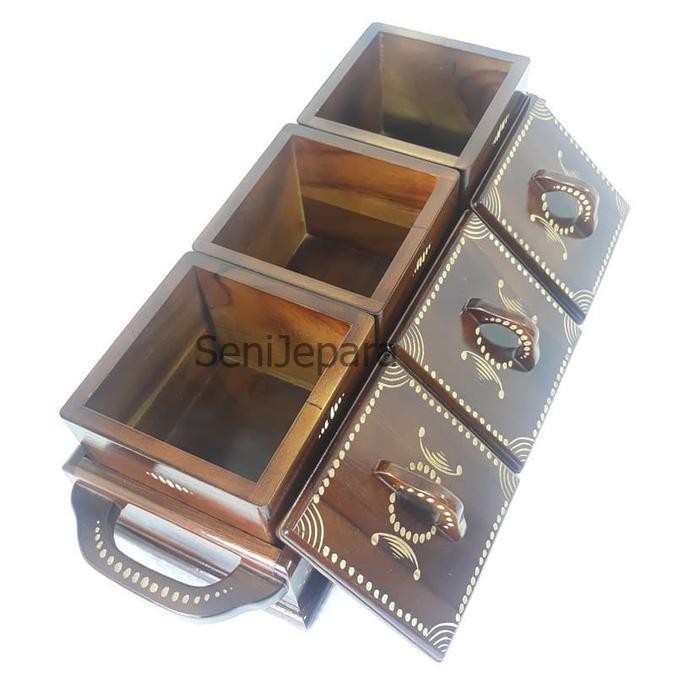 Toples Isi 3 Plus Nampan Ukiran Cukit Kayu Jati Unik SJ3243