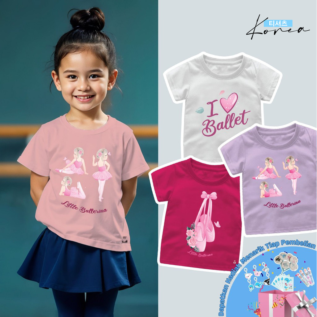 KaosKorea Baju Kaos Anak Perempuan Ballet Series Little Ballerina Rib Tie Bahan Katun 30s Brand Nake