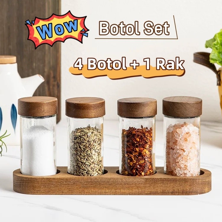NEW Botol Bumbu Dapur Estetik Set 4 in 1 Kayu Rak bumbu dapur estetik + toples Murah Kaca bumbu dapu