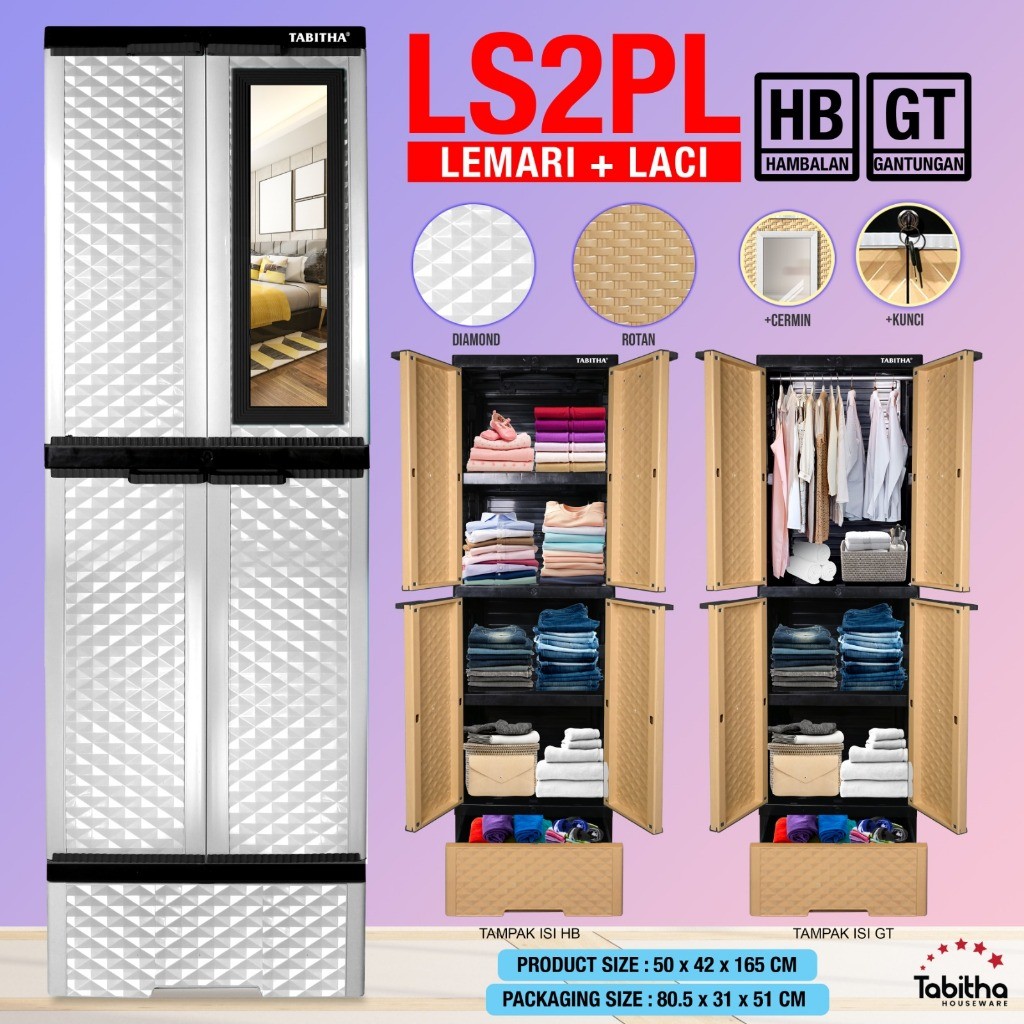 [COD] Tabitha Lemari Pakaian Plastik Dengan Laci Lemari 2 Pintu Serbaguna Premium - LS2PL Series