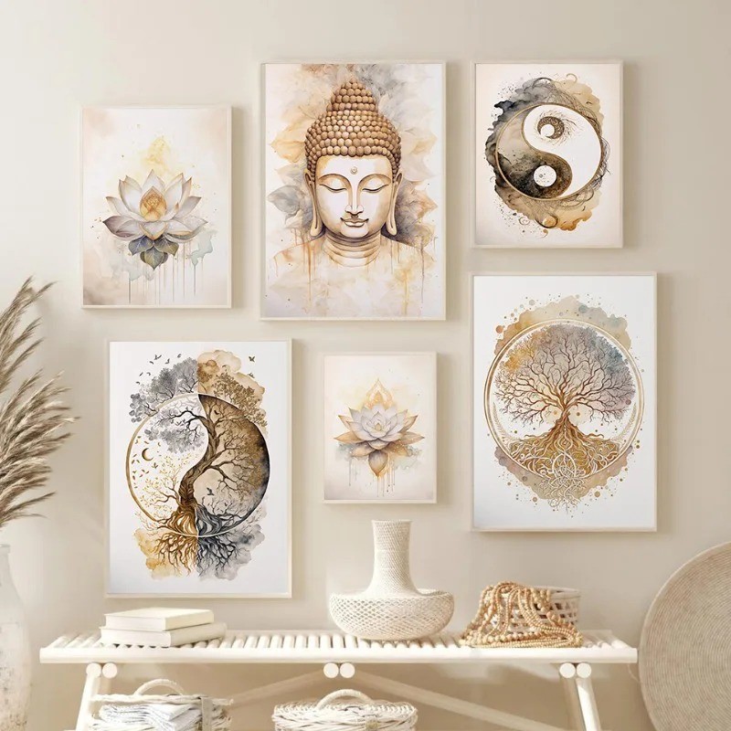 

Tree of Life Buddha Lotus Flower Zen Yoga Meditation Spiritual Vintage Wall Art Poster Print Canvas Painting for Room Home Decor