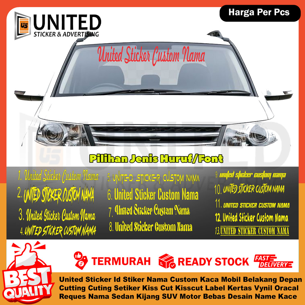 United Sticker Id - Stiker Nama Custom Kaca Mobil Belakang Depan Cutting Cuting Setiker Kiss Cut Kis