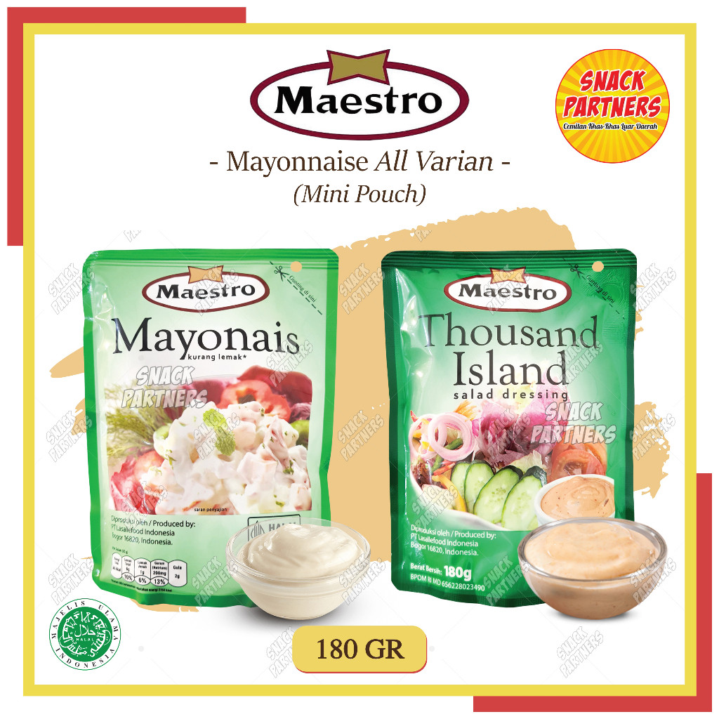 

MAESTRO Mayonnaise 180 GR - Saos Saus Mayonaise Mayones Pedas Hot Thousand Island Wijen Sangrai - Risoles Risol Telor Telur Mayo Egg Salad Sandwich