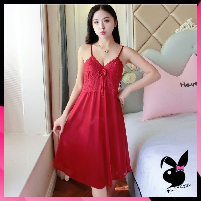 PLAYGIRL  Lingerie Sexy Dress Renda BigSize Baju Tidur Malam Wanita Daster Satin Karet Panjang 1390