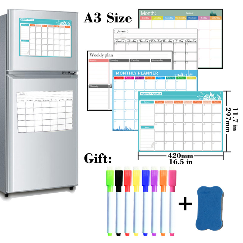 

A3 Size Magnetic Refrigerator Monthly Weekly Planner Calendar Table Dry Erase Whiteboard Schedules Fridge Sticker Message Board