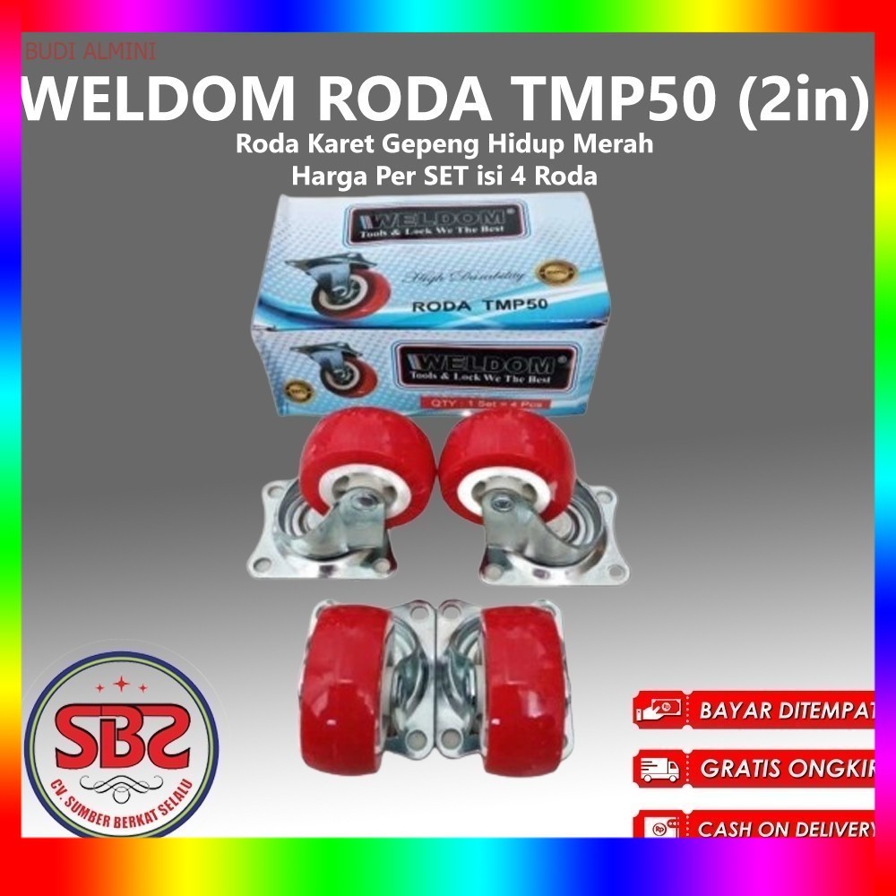 WELDOM Roda Karet Hidup Merah 2 inchi isi 4 pcs / Roda Karet Gepeng Hidup Merah Weldom (Roda Bundar 