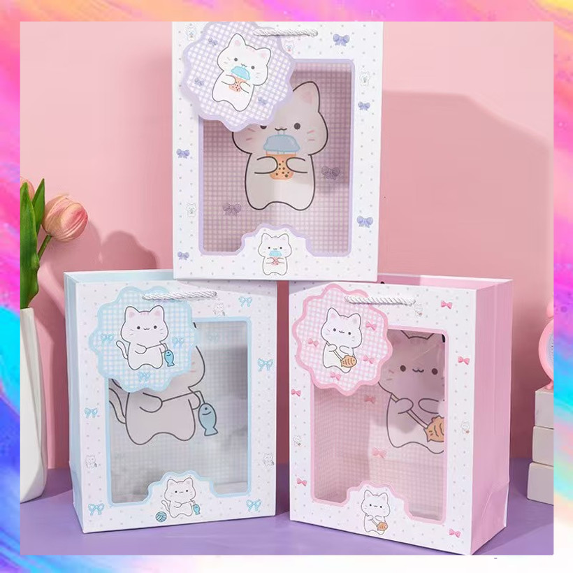

Paper Bag Gift Cute Kucing / Paperbag Hadiah Motif Kucing Transparan Premium Bening - GF0613