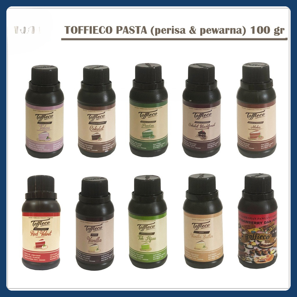 

TERLENGKAP !!! PASTA & RUM TOFFIECO TOFFIENA 100 gr / PERISA PERASA RHUM TALAS COKLAT PANDAN BLACKFOREST MOKA KOPI VANILA BUTTER STROBERI RED VELVET DURIAN ZERO BAKAR TOFIECO TOFICO TOFIKO 100 ml