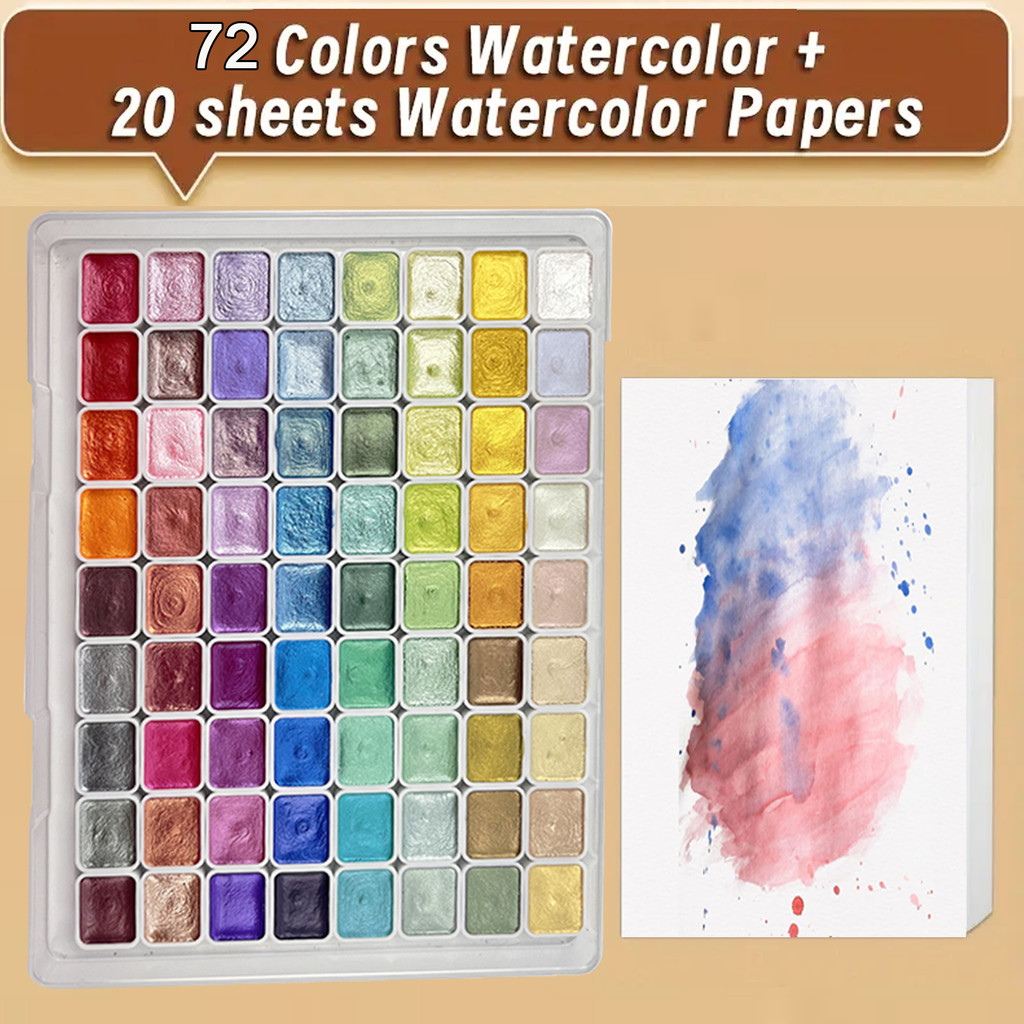 

92pcs Professional Watercolor Paint Set, 72 Colors Intense Sparkle Pearlescent Solid Pigment, with 20 Sheets Watercolor Paper