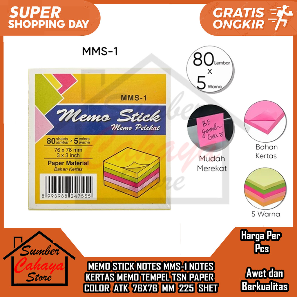 

JK Papers Color Memo Stick Notes MMS-1 Tempel Catatan Kertas TSN 76x76mm 400 Lembar Warna Hijau Stabilo Orange Pink Biru ATK Sekolah Kantor Kerja Momeo Stik Kotak Soft Mini Ringkas Buku Dinding RFA Styrofoam 225 Sheets
