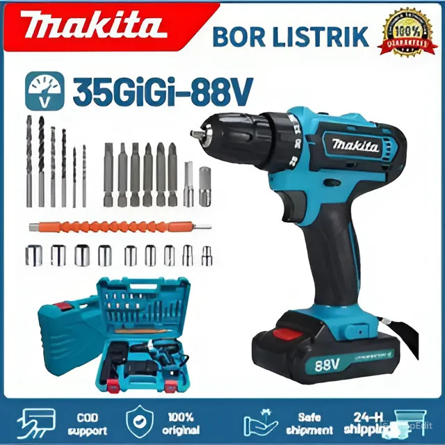 Mesin Bor 2Baterai Cas 10mm Bor Listrik Murah Bor Tangan Baterai Besi Tembok Beton Kayu Cordless Dri