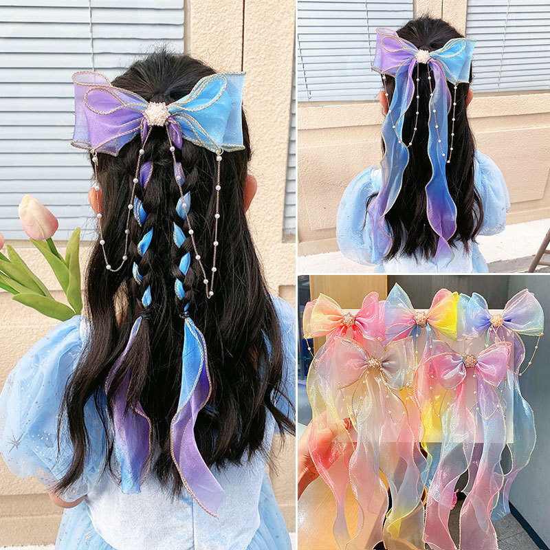 Hair Clip Anak Perempuan Pita Pelangi Imut untuk Kuncir & Kepang Gaya Princes