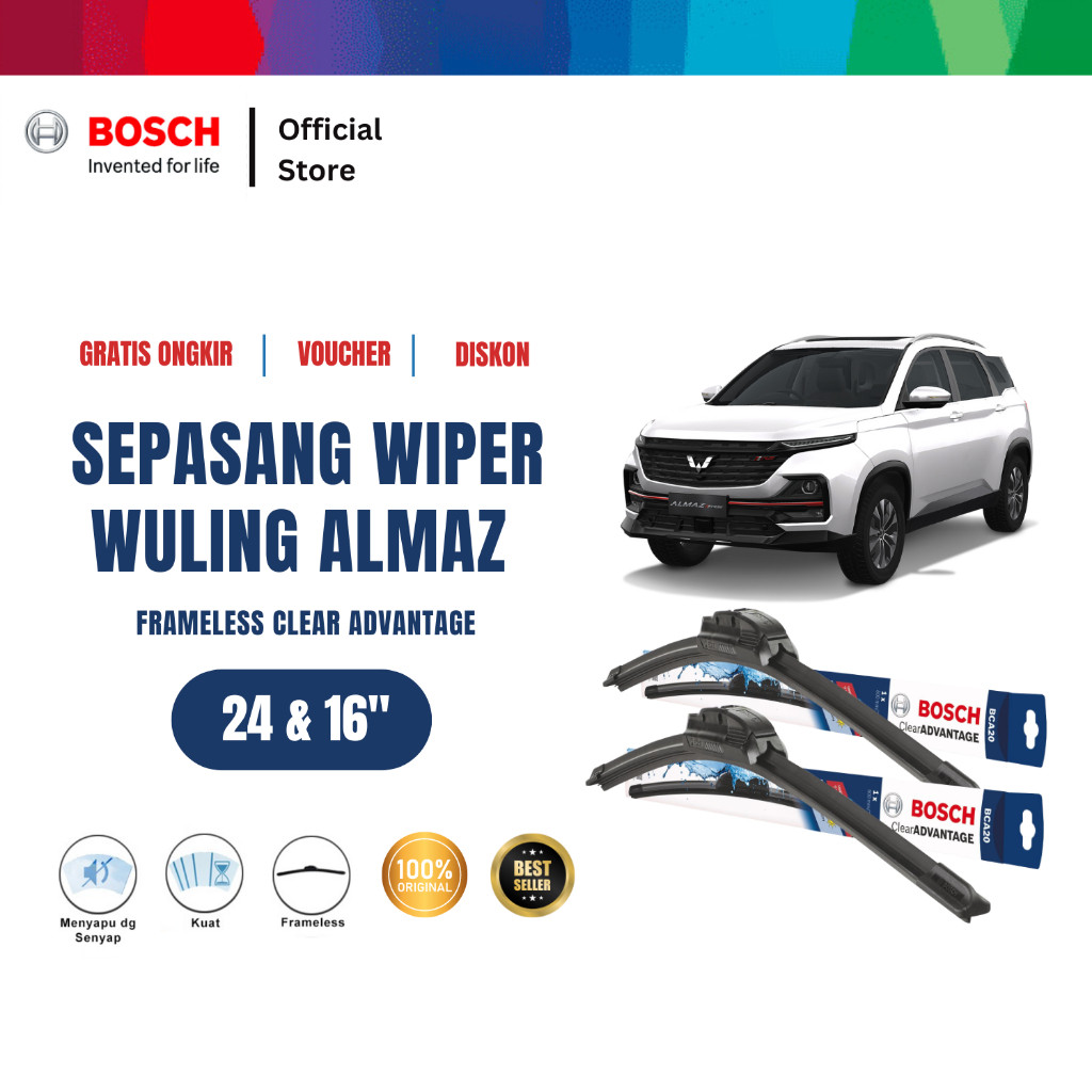 Bosch Wiper Kaca Mobil Wuling Almaz Frameless Clear 24 dan 16 Inci