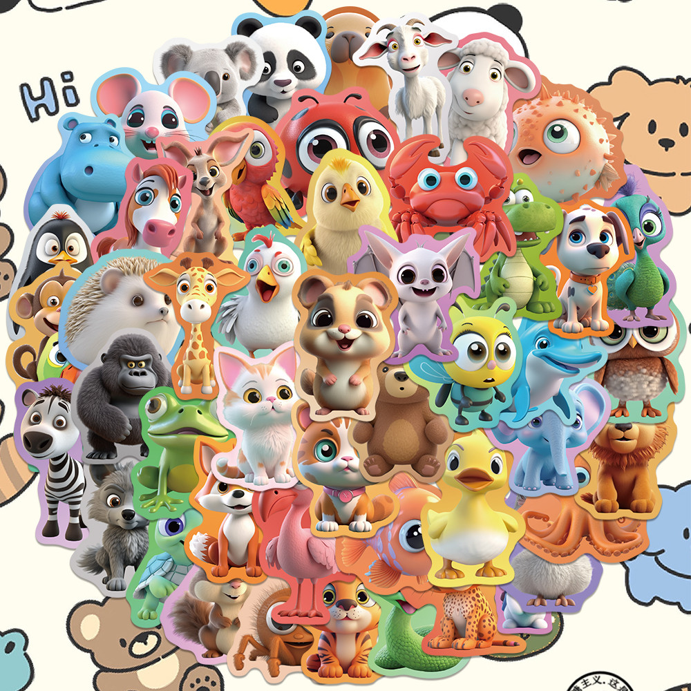 

50PCS Cute 3D Cartoon Animal PVC Sticker Aesthetic Chidlren's Stationery Decoration Scrapbooking School Supplies for Kids