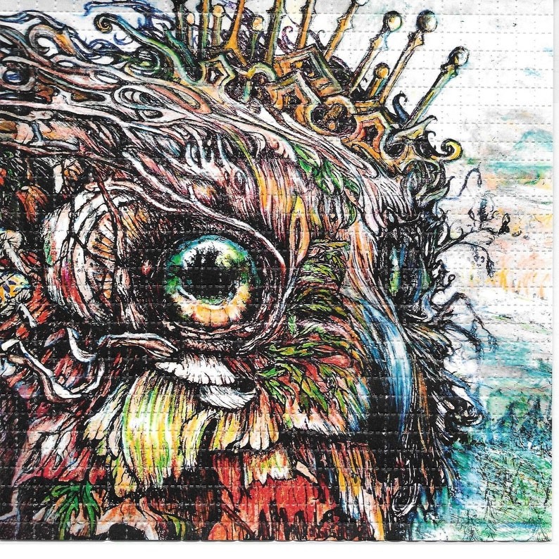 

Signed and Numbered King of Wisdom by Kuhmali Psychedelic LSD Acid Free Blotter Art Print Trippy Perforated Paper Paint