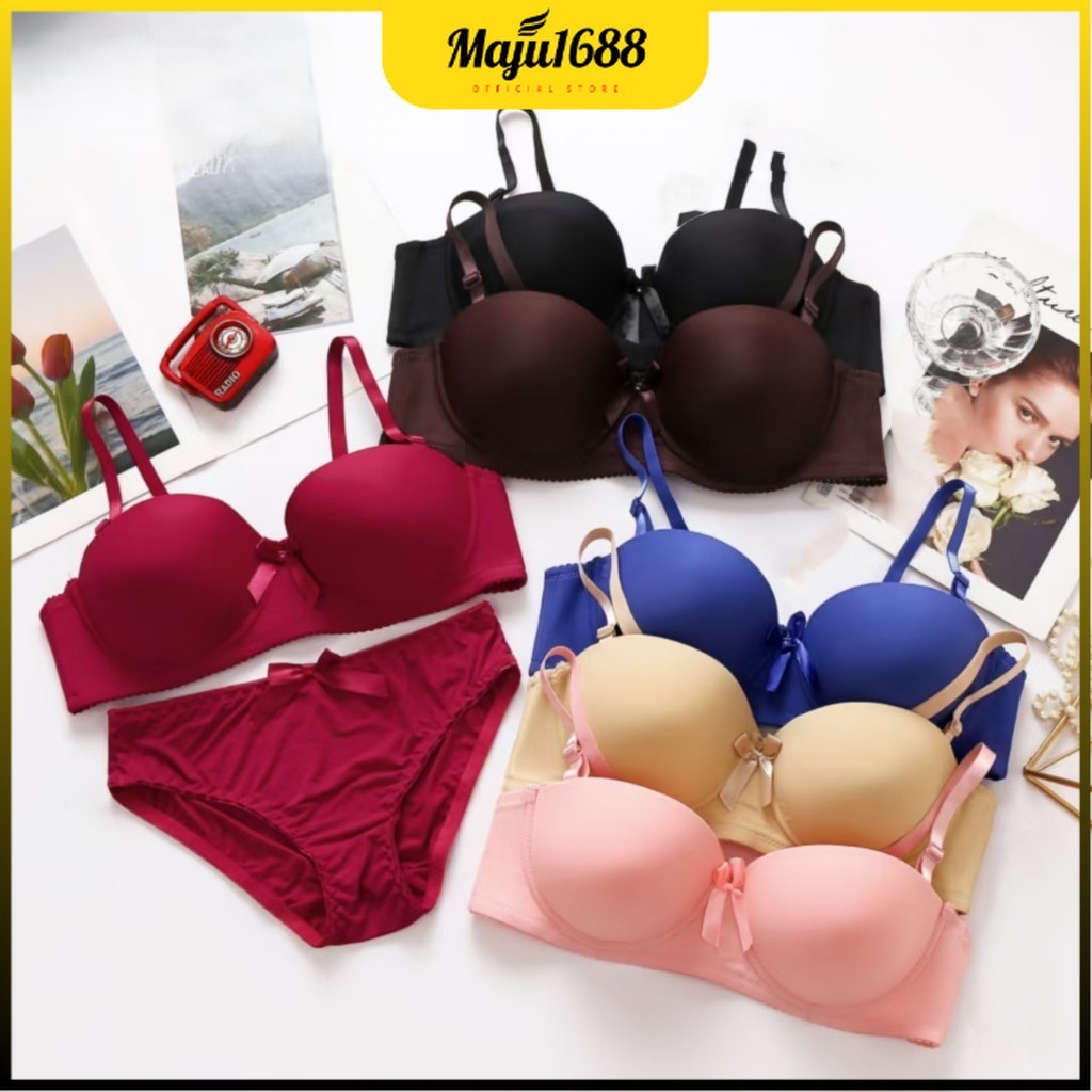 MAJU Bra Set Motif Polos Berkawat ( Bra + CD ) Wanita Setelan Wanita Premium