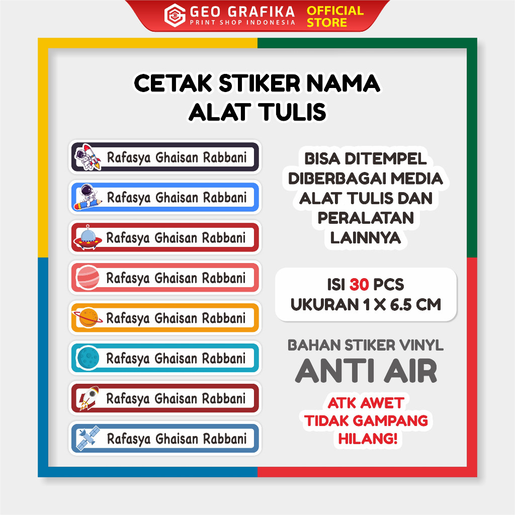 

Stiker Nama Alat Tulis Anak Waterproof Anti Air Isi 30 pcs Print Shop