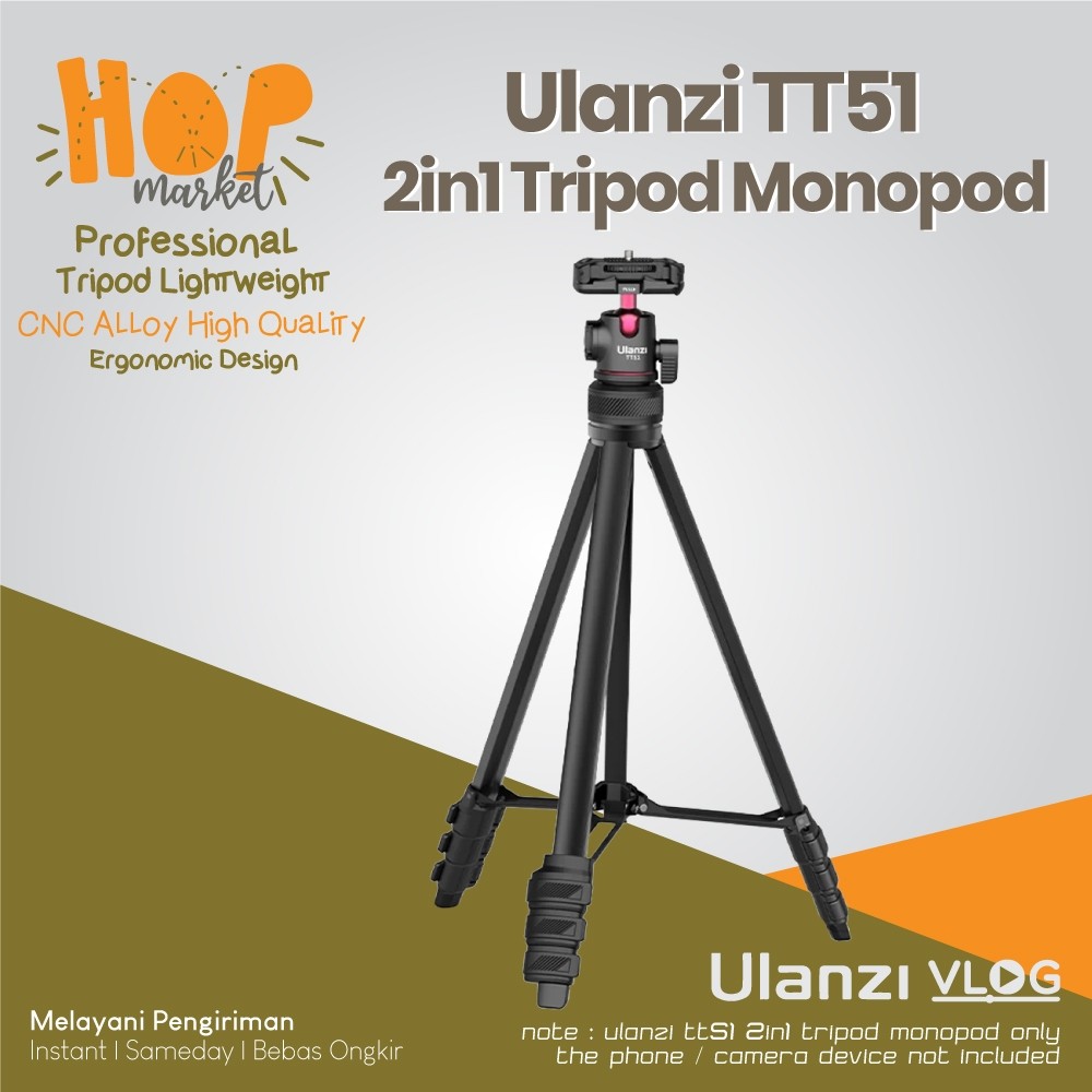 ULANZI TT51 Aluminium Compact Tripod Portable with 360 Ballhead Extend 1.4m for Smartphone HP / Acti