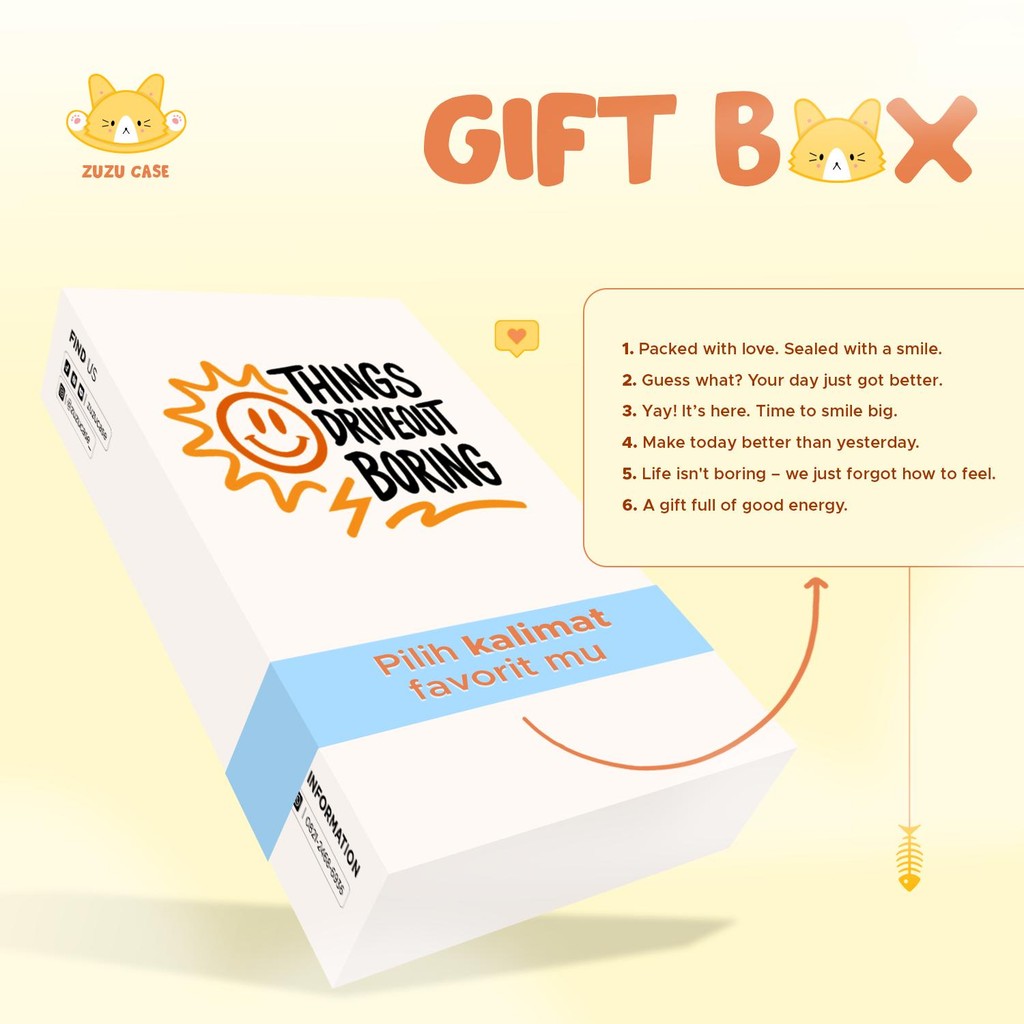 

ZUZU CASE Gift Box – Box Hadiah Lucu Isi Voucher, Stiker, Kartu Ucapan | Pilih Warna & Kalimat Favorit