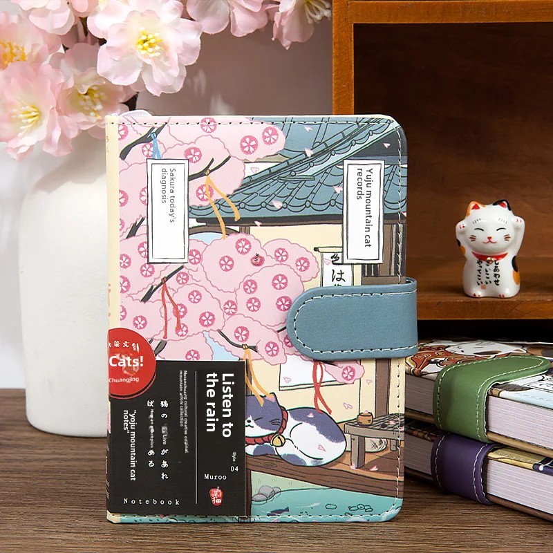 

Creative Japanese Artistic Cat Diary Book Magnetic PU Leather Cover 'Yuyu Sanma' Series by Shiya Tengyu Office Supplies