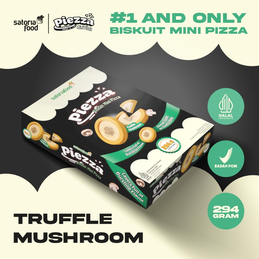 

Snack Piezza Truffle Mushroom 294gr ( 21gr x 14packs ) & 252gr (21gr x 12packs) | Biskuit Cemilan Pie Mini Rasa Pizza Truffle Mushroom