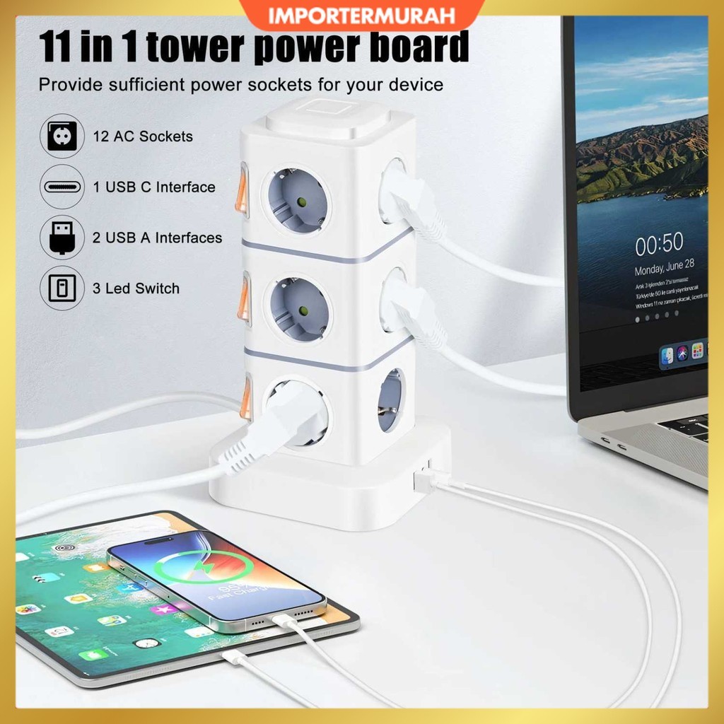 Stop Kontak Power Socket Strip Tower Colokan Listrik 2500W - NN812