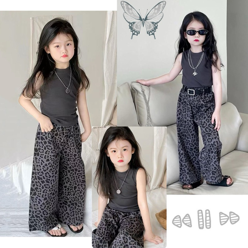 2-8Tahun Setcel leopard kulot baju tanktop anak perempuan kece