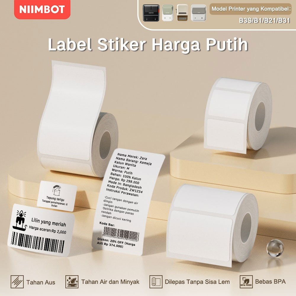 

KAYDEN STORE NIIMBOT B21/B1/B3S Kertas Stiker Label Termal Putih Lebar Pakaian Harga Komoditas Makanan