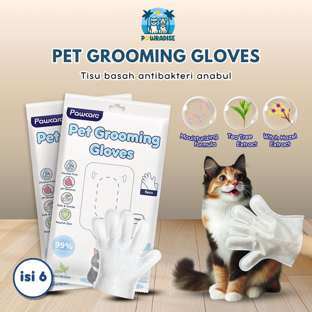 Pet Care Grooming Gloves Tea Tree Extract isi 6 pcs- Sarung Tangan Mandi Kucing Tanpa Bilas - Wet Wi