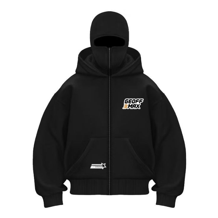 Paradox Streetwear Balaclava Jaket Ninja Sweater Hoodie Cotton Plecce Zipper Unisex Geoff Max Hitam 