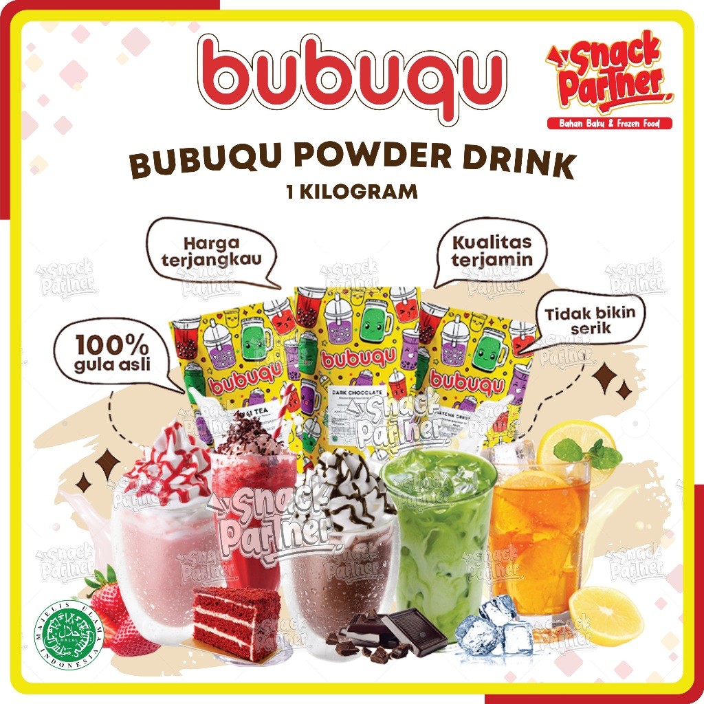 

BUBUQU Powder Drink 1 KG - Bubuk Minuman Premium Kekinian Ala Kafe - Dark Chocolate Choco Coklat Matcha Green Tea Red Velvet Taro Lemon Thai Tea