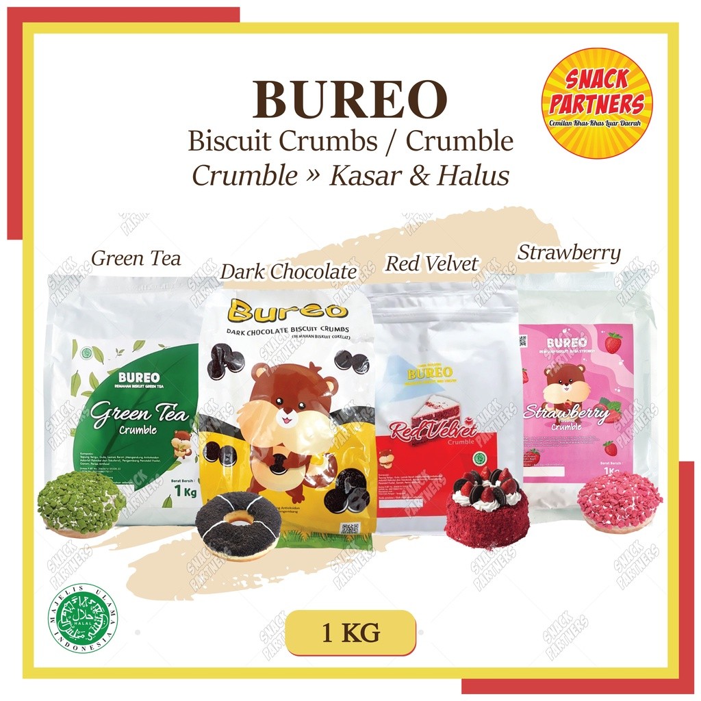 

BUREO Biscuit Crumble 1 KG - Bubuk Remahan/Remukan Biskuit Crumb Kasar & Halus - Topping Makanan Kue/Cake Roti Donat Pisang Goreng Nuget, Cookies Biskuit Ice Cream-Dark Chocolate/Coklat Red Velvet Green Tea/Matcha/Teh Hijau Strawberry/Stroberi
