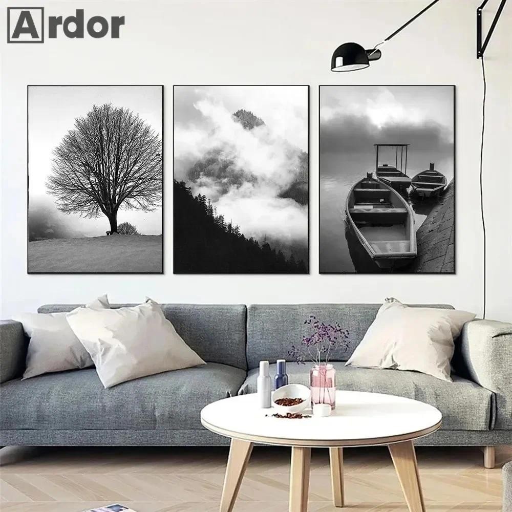 

Black and White Lake Boat Tree Painting Fog Forest Mountain Canvas Painting Natural Landscape Print Wall Home Decor